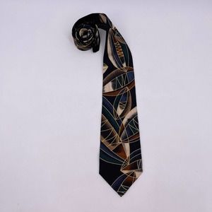 Chez Roffe Silk Necktie Tie Abstract Football Design 59" Gold Metallic Accent